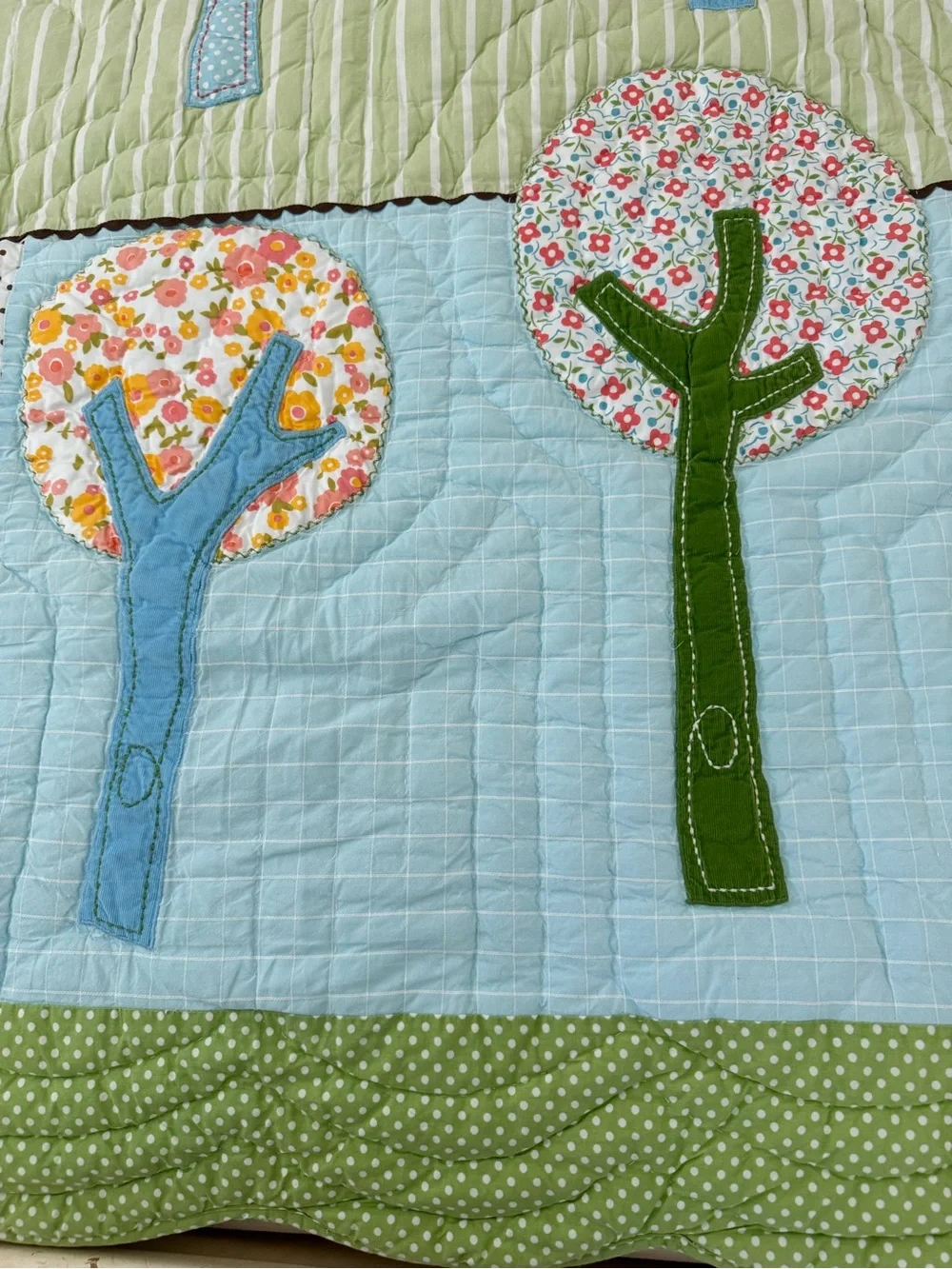 Retired Pottery Barn Kids Twin Brooke Patchwork Tree Quilt in Green, Blue & Pink